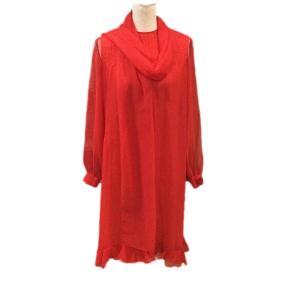 Vintage 1960s Adele Simpson Red Silk Chiffon Dress with Scarf, Size Small